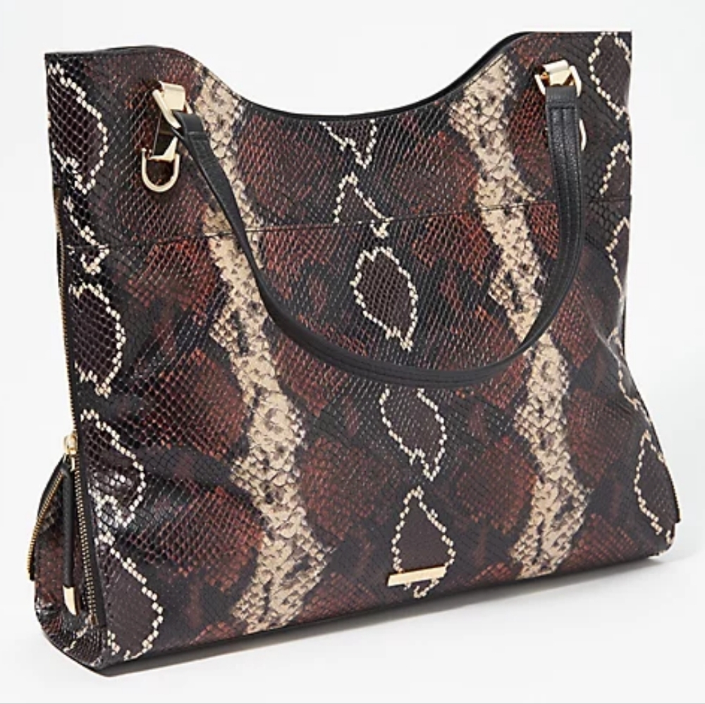 Vince Camuto Bag Emely Black Brown Snakeskin Print Leather Double Handle…